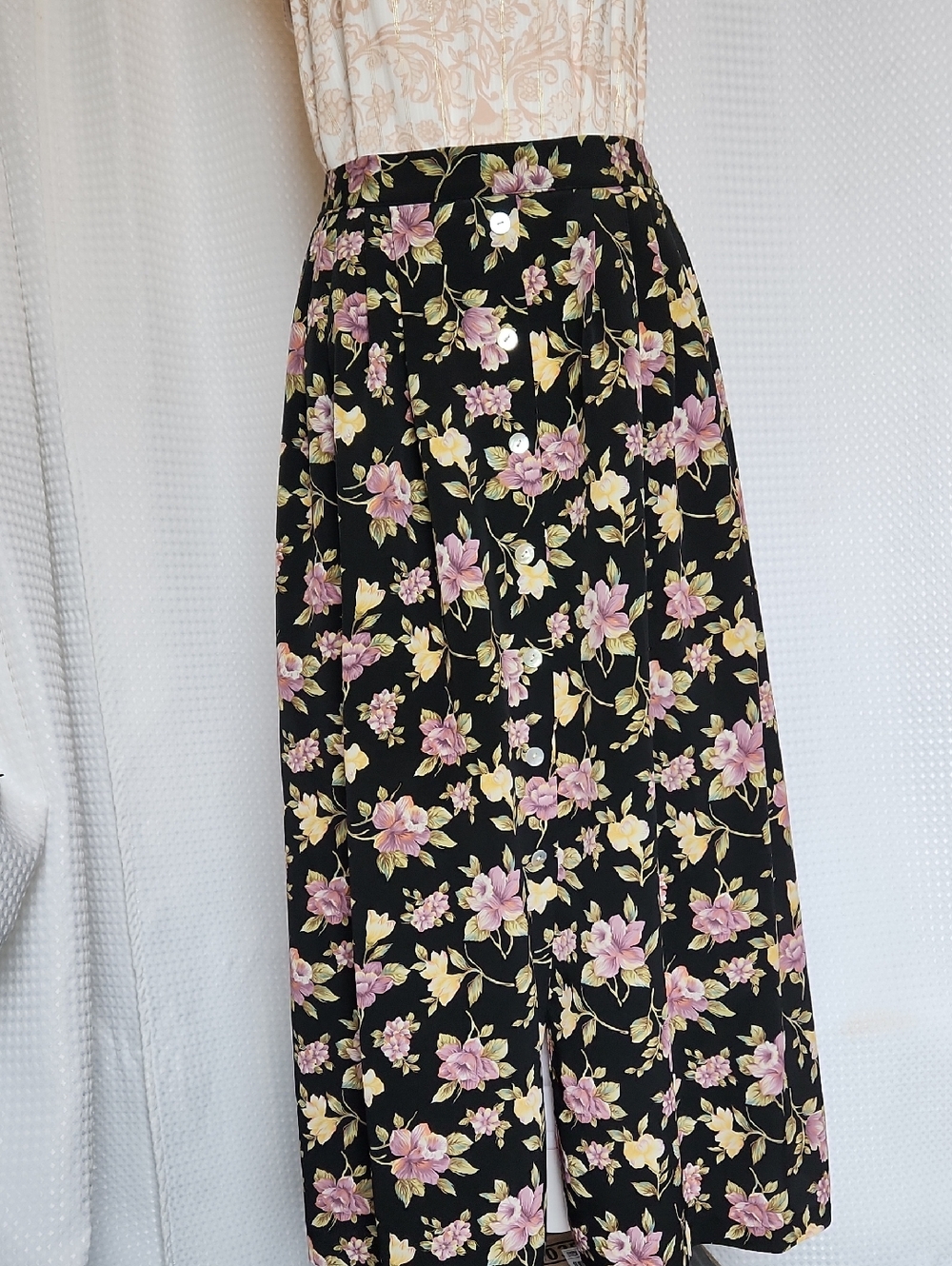 Vintage 90s Floral Maxi Skirt Small Black Pink Button Front Cottagecore